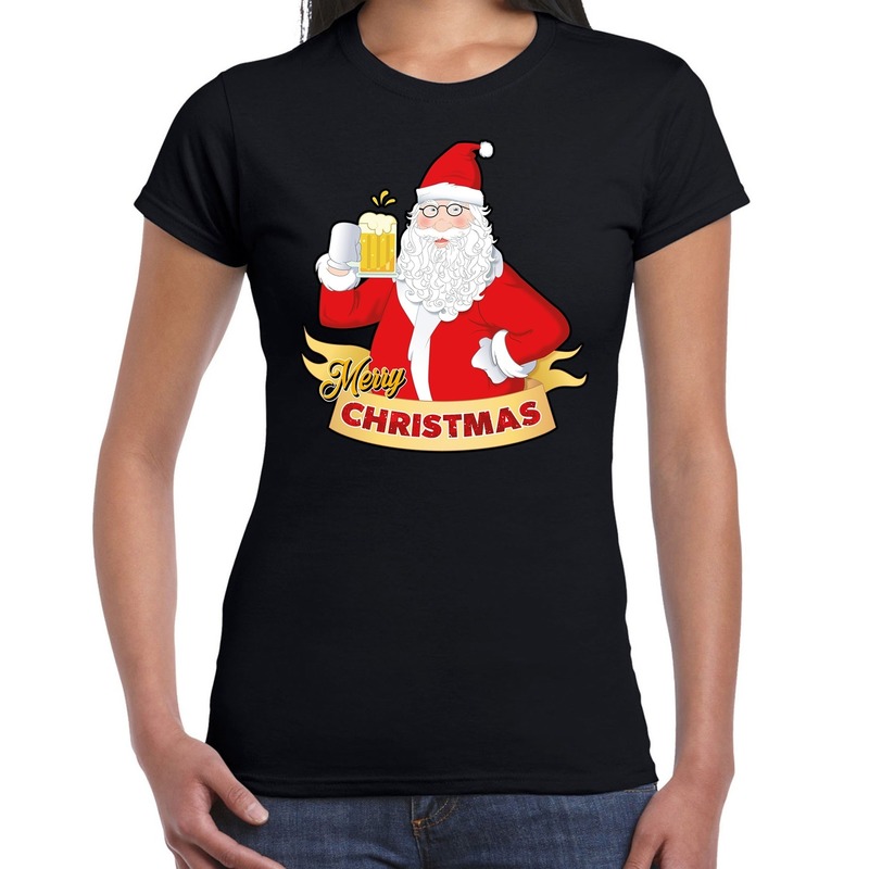 Zwart kerstshirt / kerstkleding santa met pul bier voor dames XS - Top Merken Winkel